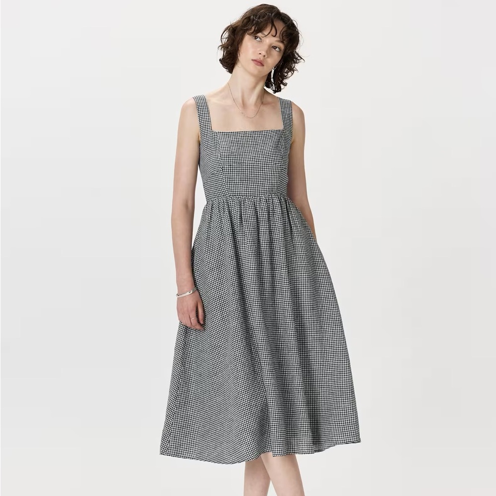 Quince 100% European Linen Fit & Flare Midi Dress Gingham women's 8 classic